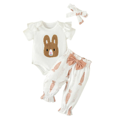 Short Sleeve Easter Rabbit Embroider Romper Bodysuit Pants