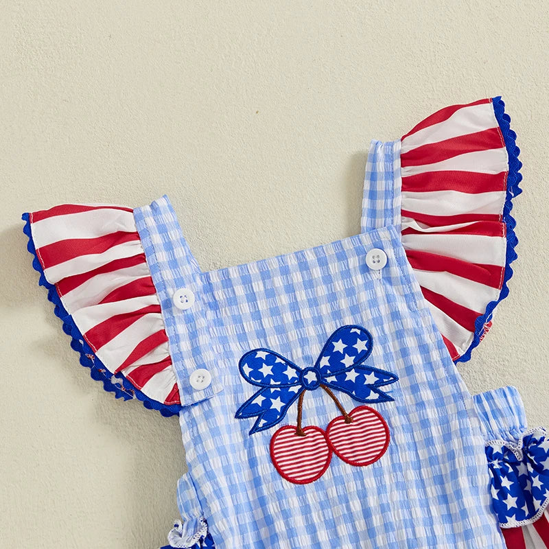 4th of July Romper Cherry Embroidery Plaid Fly Sleeves Jumpsuit and Headband Set