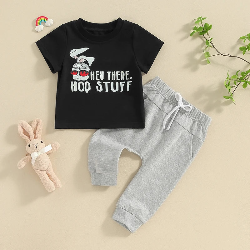 Short Sleeve Letters Bunny Print T-Shirt and Jogger Pant Set