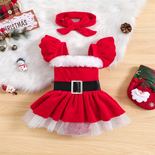 Girls Christmas Outfits Long Sleeve Fur Trim Velvet Romper Dress + Headband