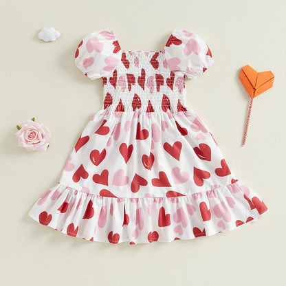 Heart Print Square Neck Short Sleeve Ruffled valentines Dresses