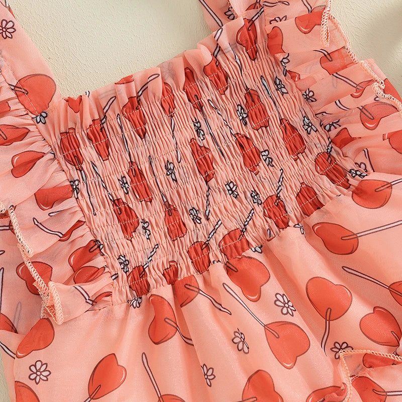 Heart Print Ruched Sleeveless Sundress Toddler Girl Casual Dress