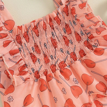 Heart Print Ruched Sleeveless Sundress Toddler Girl Casual Dress