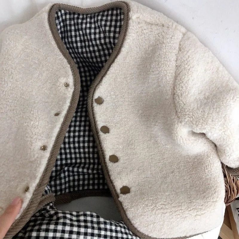 Korean Style Winter Boy Girl Reversible Clothes Beige/coffee Lambswool Plaid Single Breasted Jacket Children Warm Coat E89338