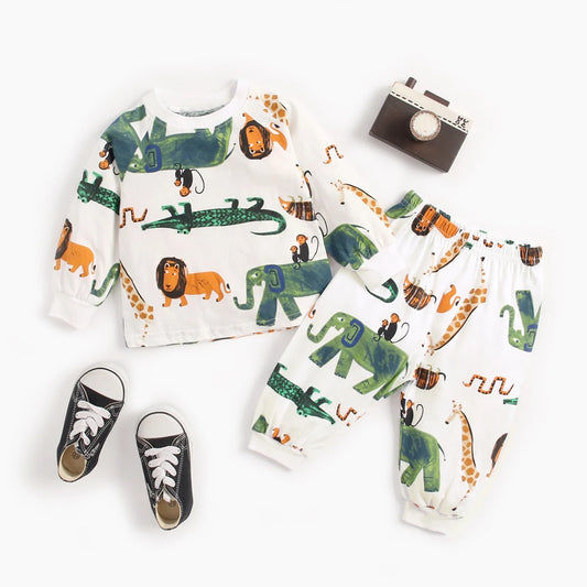 Cotton Long Sleeve Tops + Pants 2Pcs Animals Pajamas