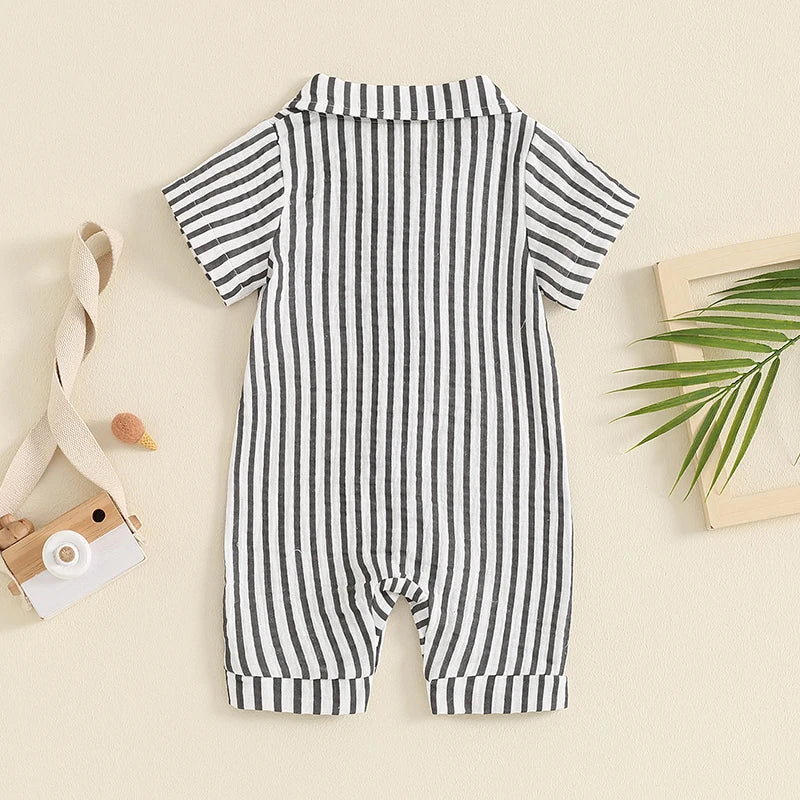 Boy Striped Romper Short Sleeve Front Single-breasted Legs Jumpsuit