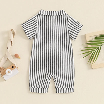 Boy Striped Romper Short Sleeve Front Single-breasted Legs Jumpsuit