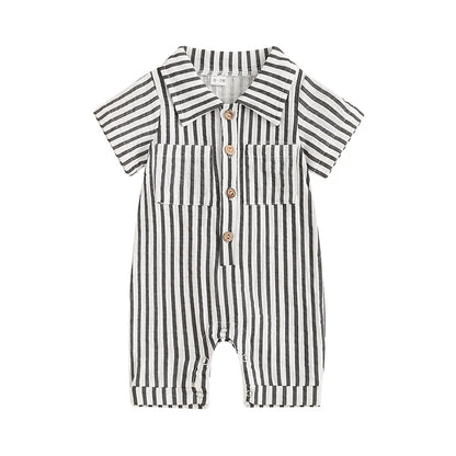 Boy Striped Romper Short Sleeve Front Single-breasted Legs Jumpsuit