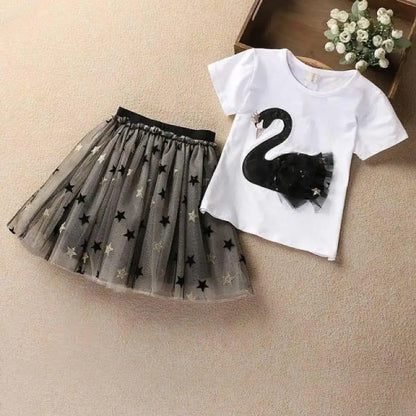 Swan T-Shirt+Sequin Skirts 2Pcs Outfits