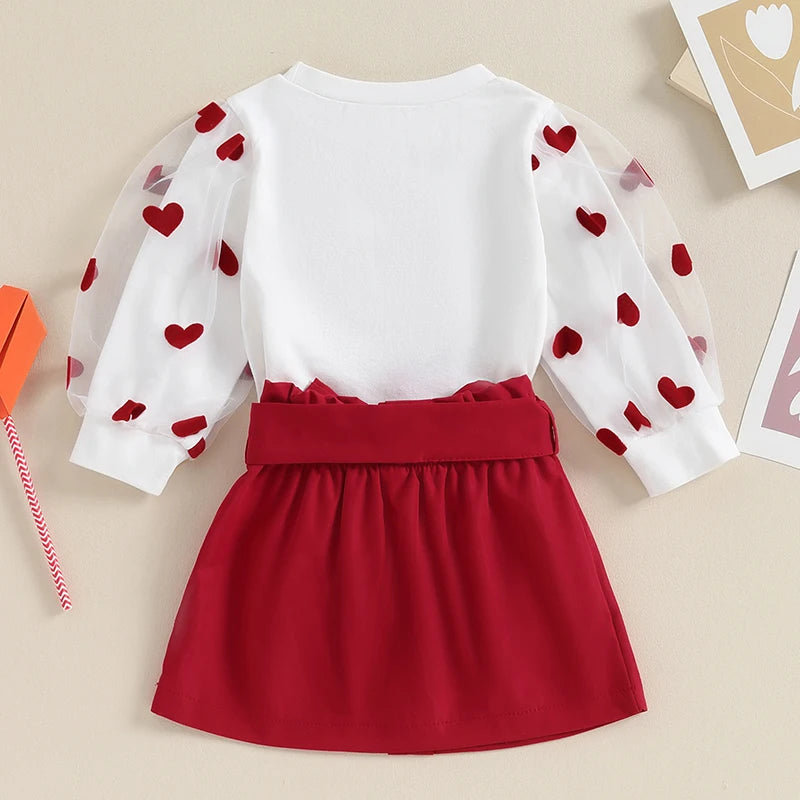 Girl Valentines Day Outfit Long Sleeve Love Heart Shirt Skirt With Belt