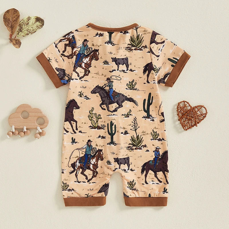 Boy Western Short Sleeve Round Neck Horse Print Jumpsuit