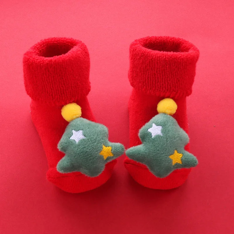 Cartoon Baby Sock Winter Newborn Elk Tree Christmas Red Thick Warm Stocking Infant Anti-slip Floor Terry Sock Christmas Gift