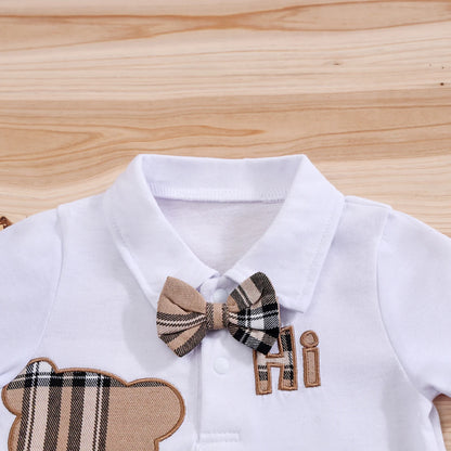 Short Sleeve Plaid Bear Bodysuit+Suspenders Trousers Set