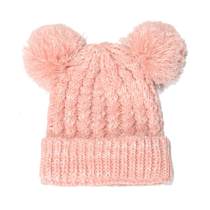 Double Hair Ball Children Knitting Hat