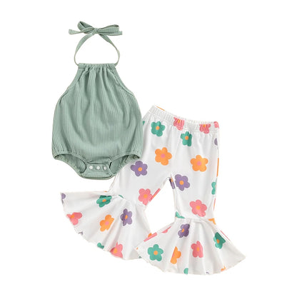 Girl Summer Outfits Tie-Up Halter Neck Sleeveless Rompers Flower Print Flared Pants 2Pcs