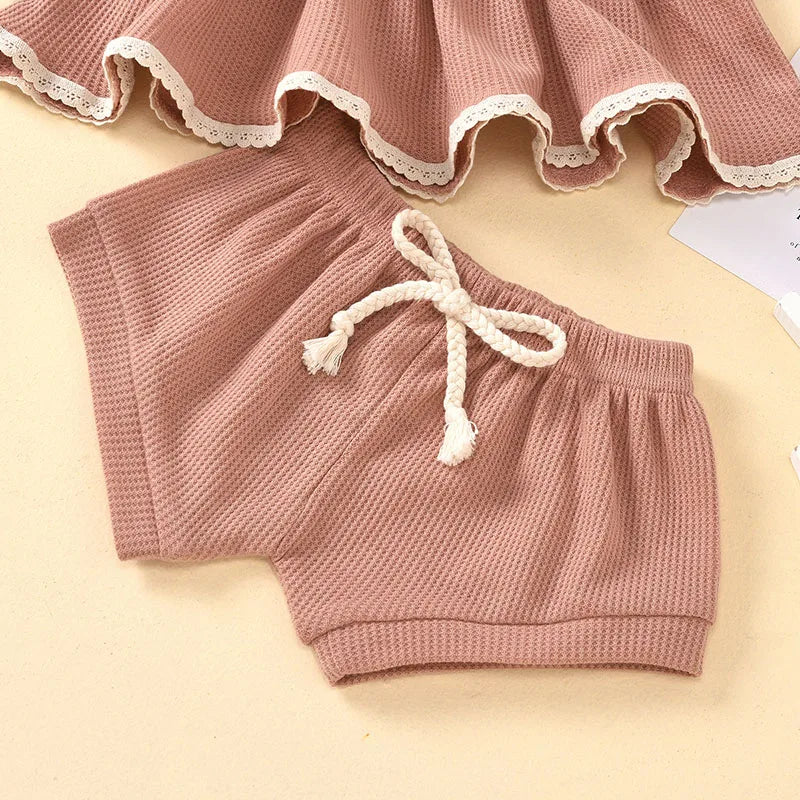 Summer Newborn Baby Girl Set Cotton linen Solid O-neck Short Sleeve Ruffles T-shirt Shorts Suit Infant Clothes Outfit