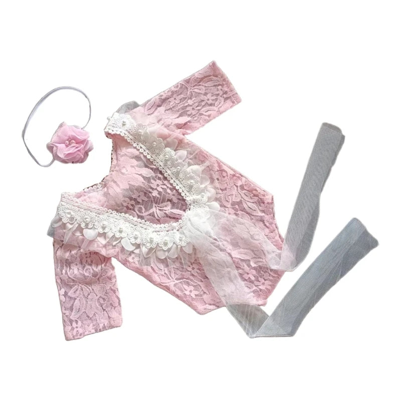 3Pcs Newborn Photography Props Baby Girl Lace Dress Infant Toddler Photo Props Headdress Outfits