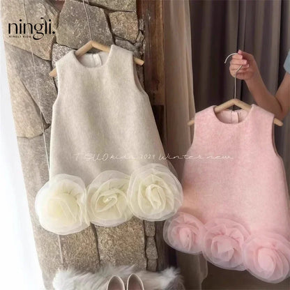 Korean Style Fashion Girls Vest Skirt 2025 Autumn Winter New Children Christmas and New Year Tweed Skirt Big Flower Dress