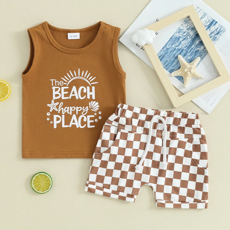Sleeveless Tank Tops and Checkerboard Elastic Waist Shorts Set