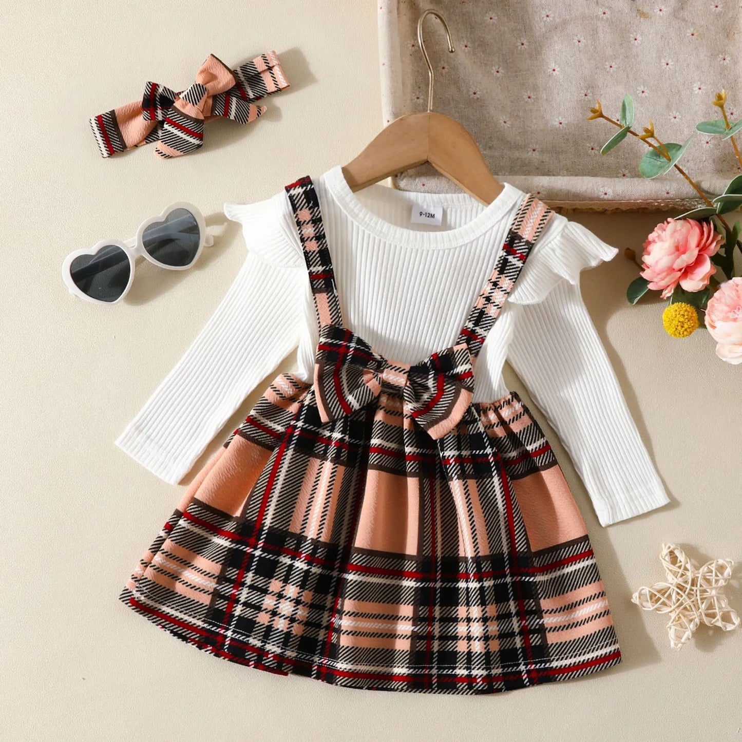 0-18M Christmas Newborn Infant Baby Girls Dress Bowknot Ribbed Ruffle Long Sleeve Plaid Dress With Headband Xmas Outfits Costume