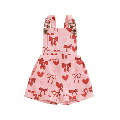 Girl Suspender Shorts Bow Heart Print Sleeveless Overalls