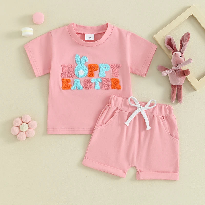 Short Sleeve T Shirt Bunny Print Top Set Elastic Waist Shorts