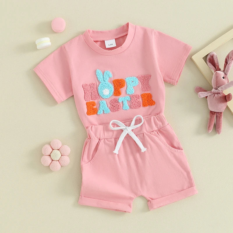 Short Sleeve T Shirt Bunny Print Top Set Elastic Waist Shorts