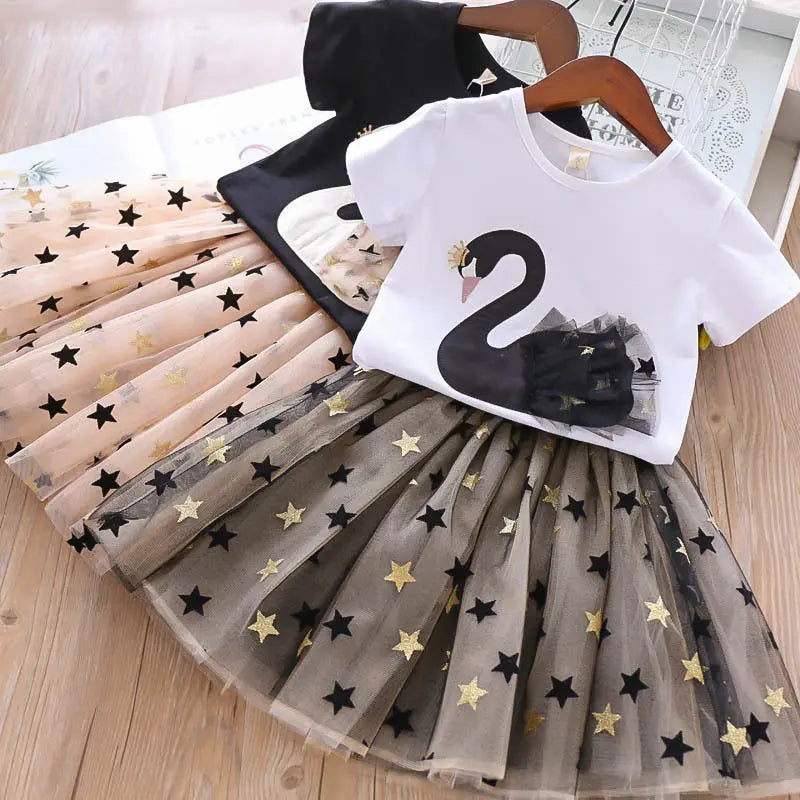 Swan T-Shirt+Sequin Skirts 2Pcs Outfits