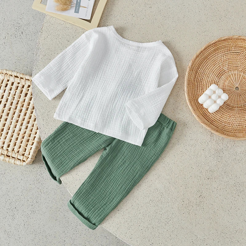 Suefunskry Toddler Boys Spring Fall 2Pcs Outfit Long Sleeve Single-breasted O-Neck Tops and Solid Color Pants Casual Set 6Months