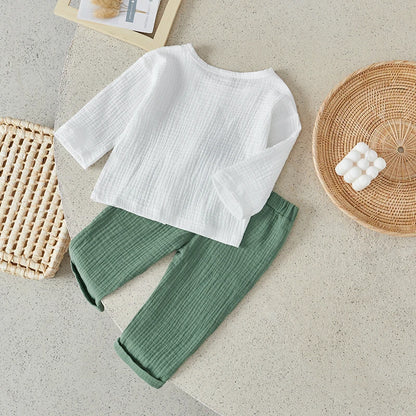 Suefunskry Toddler Boys Spring Fall 2Pcs Outfit Long Sleeve Single-breasted O-Neck Tops and Solid Color Pants Casual Set 6Months