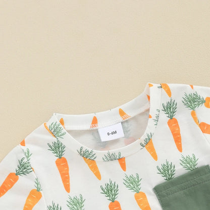 Carrot Print Short Sleeve Top Elastic Shorts Set