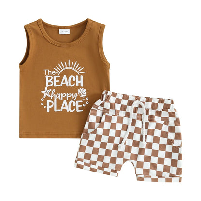 Sleeveless Tank Tops and Checkerboard Elastic Waist Shorts Set