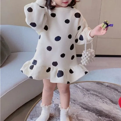 Girls Dress 2024 Autumn New Korean Girls' Splicing Pleated Dress Polka Dot Printed Baby Kids Casual Clothing