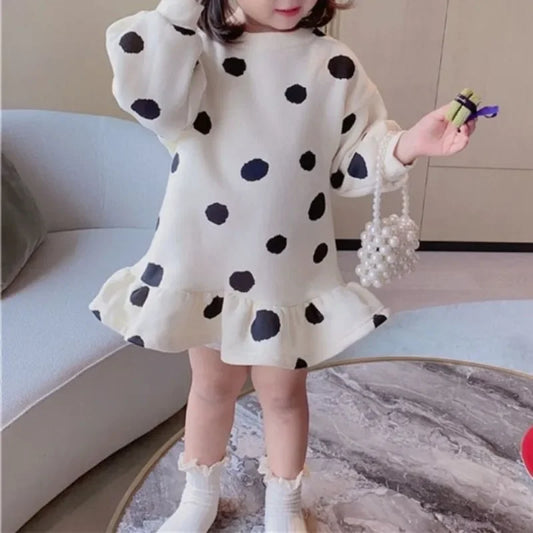 Girls Dress 2024 Autumn New Korean Girls' Splicing Pleated Dress Polka Dot Printed Baby Kids Casual Clothing