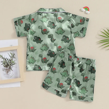 Dinosaur Print Collar Short Sleeve Shirts and Elastic Waist Shorts 2 Pieces Sleepwear
