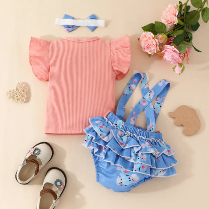 2pcs, Adorable Baby Girls Elephant Pattern Top and Skirt Set with LaceSleeves -Perfect for Summer!