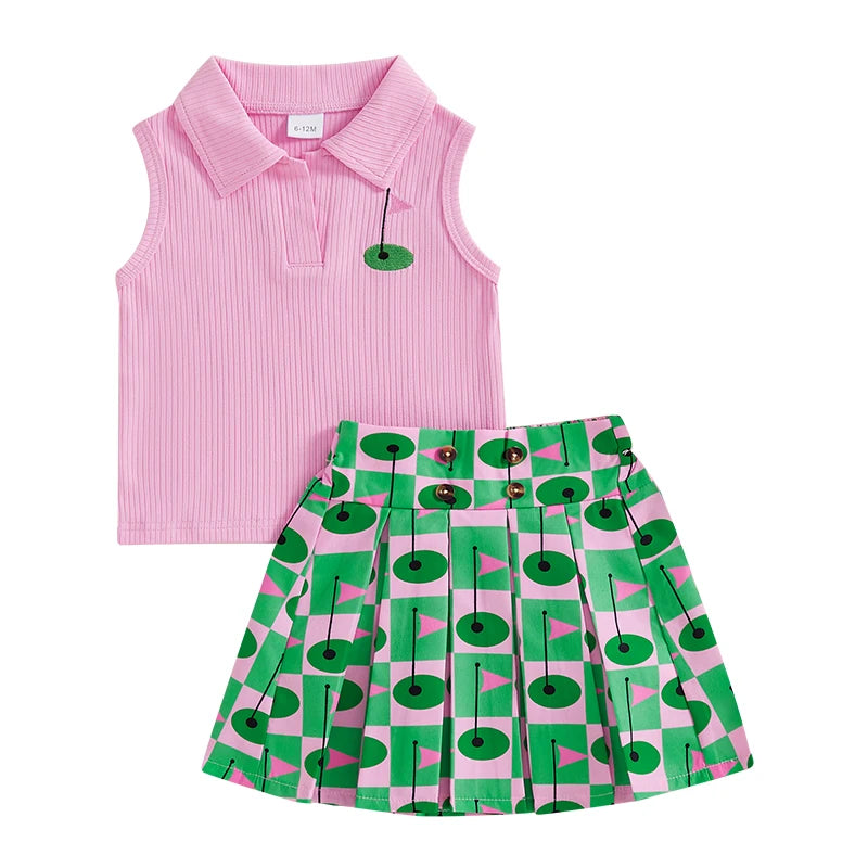 Sleeveless Tank Tops and Golf Print Pleated A-Line Skirt Set