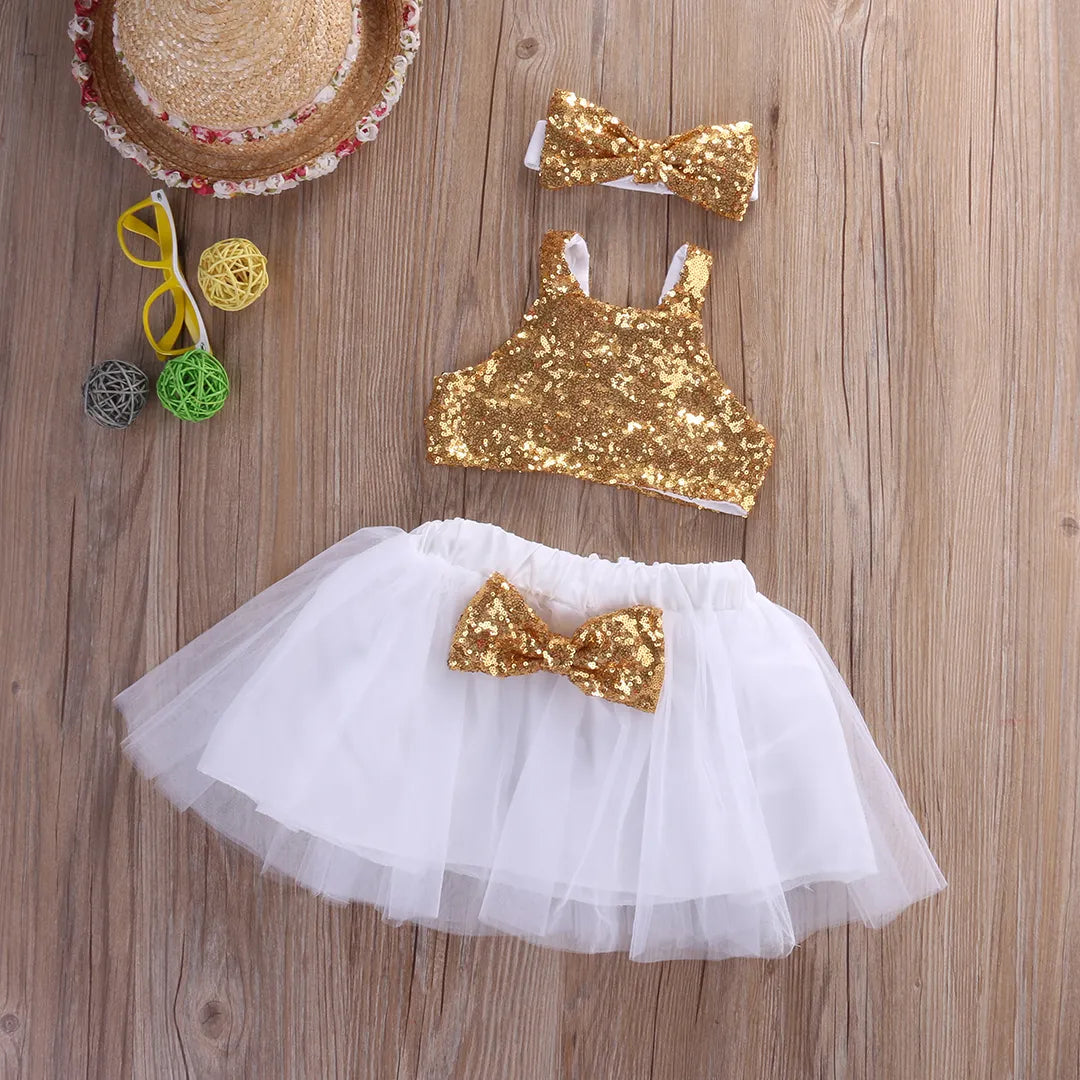 Princess Sequin Crop Tops+Tulle Dress Skirts Headband 3Pcs