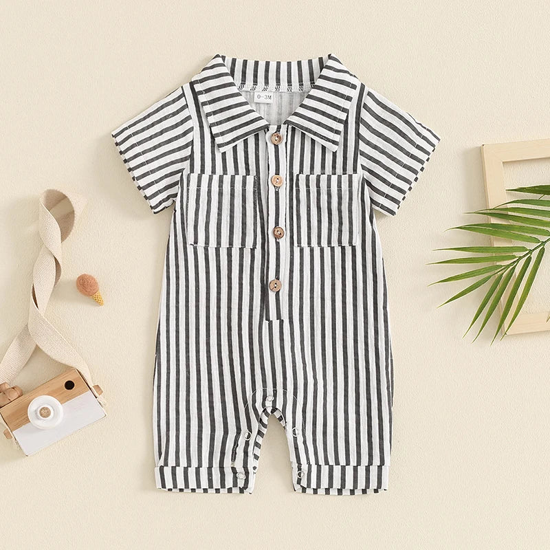 Boy Striped Romper Short Sleeve Front Single-breasted Legs Jumpsuit