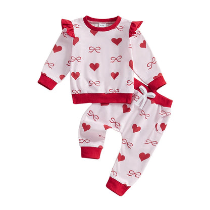 Bow /Heart Print Ruffle Long Sleeve Sweatshirt and Elastic Pants 2 Piece set