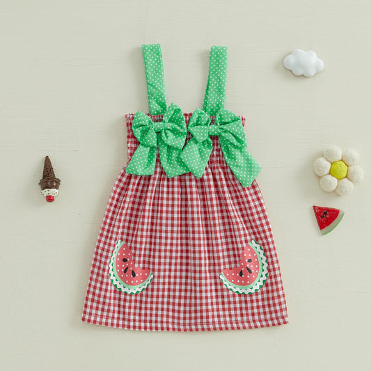 Girl Slip Dress Sweet Bows Watermelon Print Plaid Infant Sundress