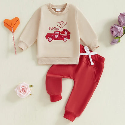 Long Sleeve Embroidery Letters Car Sweatshirt with Sweatpants Valentine’s Day Outfit