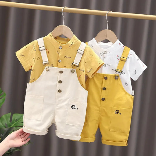 Printed Smile Short Sleeve T-Shirts Rompers Overalls 2Pcs
