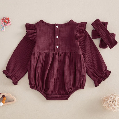 Newborn Infant Baby Girl Clothes Long Sleeve Smocked Bubble Romper Bodysuit with Headband Cute Fall Winter Outfit