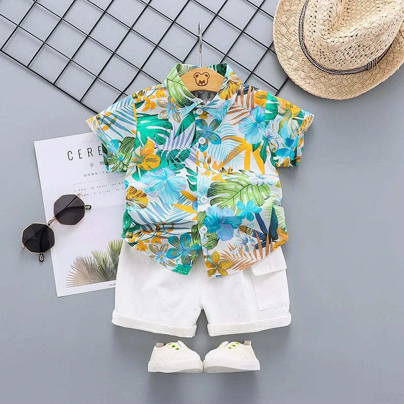 Boy’s Summer Cotton Floral Short Sleeve Shirt + Shorts Suits 2pcs Children Hawaiian Outfit