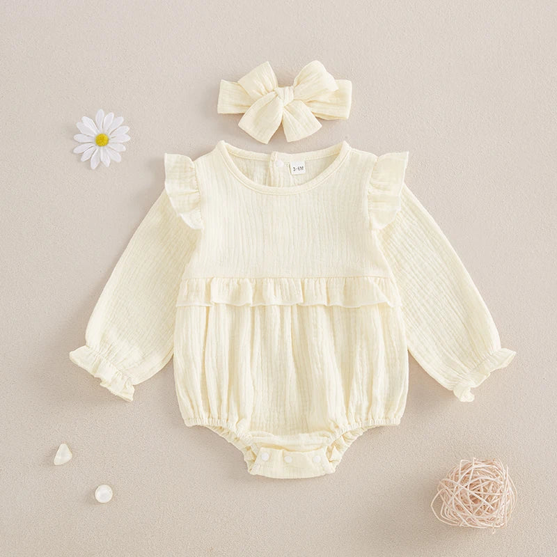 Newborn Infant Baby Girl Clothes Long Sleeve Smocked Bubble Romper Bodysuit with Headband Cute Fall Winter Outfit