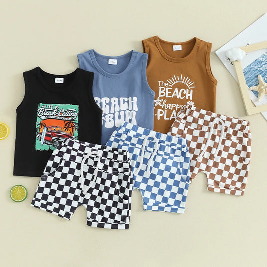Sleeveless Tank Tops and Checkerboard Elastic Waist Shorts Set