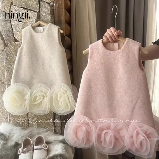 Korean Style Fashion Girls Vest Skirt 2025 Autumn Winter New Children Christmas and New Year Tweed Skirt Big Flower Dress