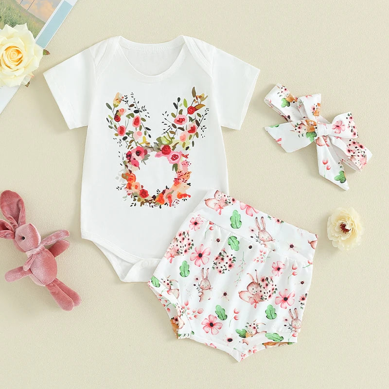 Letter Romper and Bunny Shorts Set with Headband