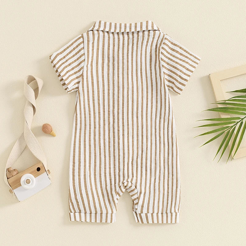 Boy Striped Romper Short Sleeve Front Single-breasted Legs Jumpsuit